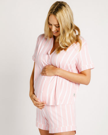 Maternity Pink Stripe Button Up Short Pyjama Set